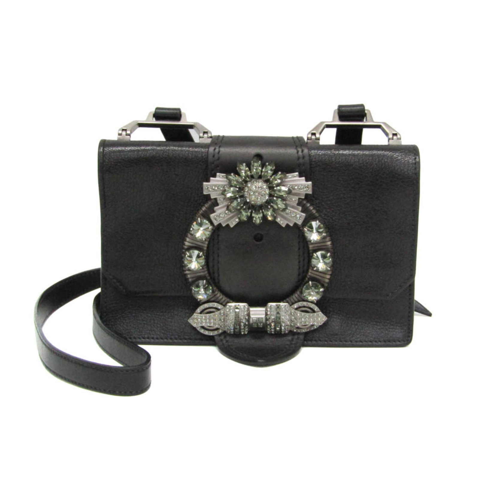 Shoulder Bag Leather Rhinestone Miu: Shoulder Bag Leather Rhinestone Miu The Miu Miu Shoulder Bag Leather Rhinestone features sleek black leather and striking rhinestones, adding a touch of glamour to its classic design. With magnetic sn