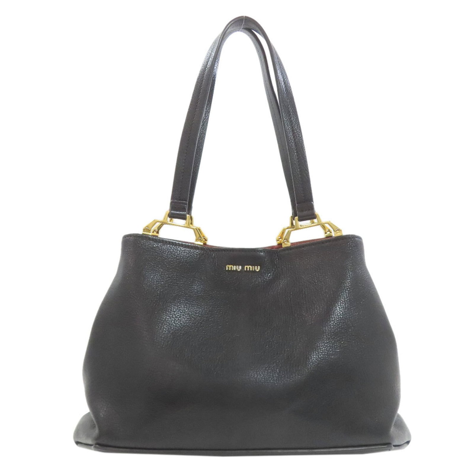 Miu Tote Bag Leather: Miu Tote Bag Leather The Miu Tote Bag Leather is a sleek and sophisticated black leather tote bag with a classic design. Measuring 21cm x 35cm x 15cm, it features a sturdy handle that extends to