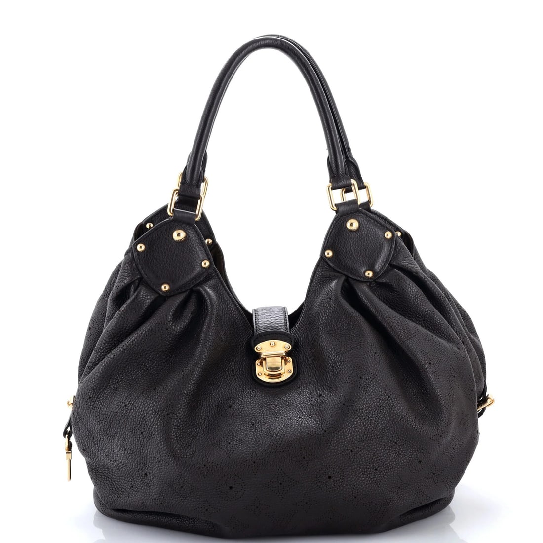 Hobo Leather Mahina L Vuitton: Hobo Leather Mahina L Vuitton The Louis Vuitton Hobo Leather Mahina L features rich, brown leather exterior with minor creases and edge wear. This classic style boasts a sturdy gold hardware and measu