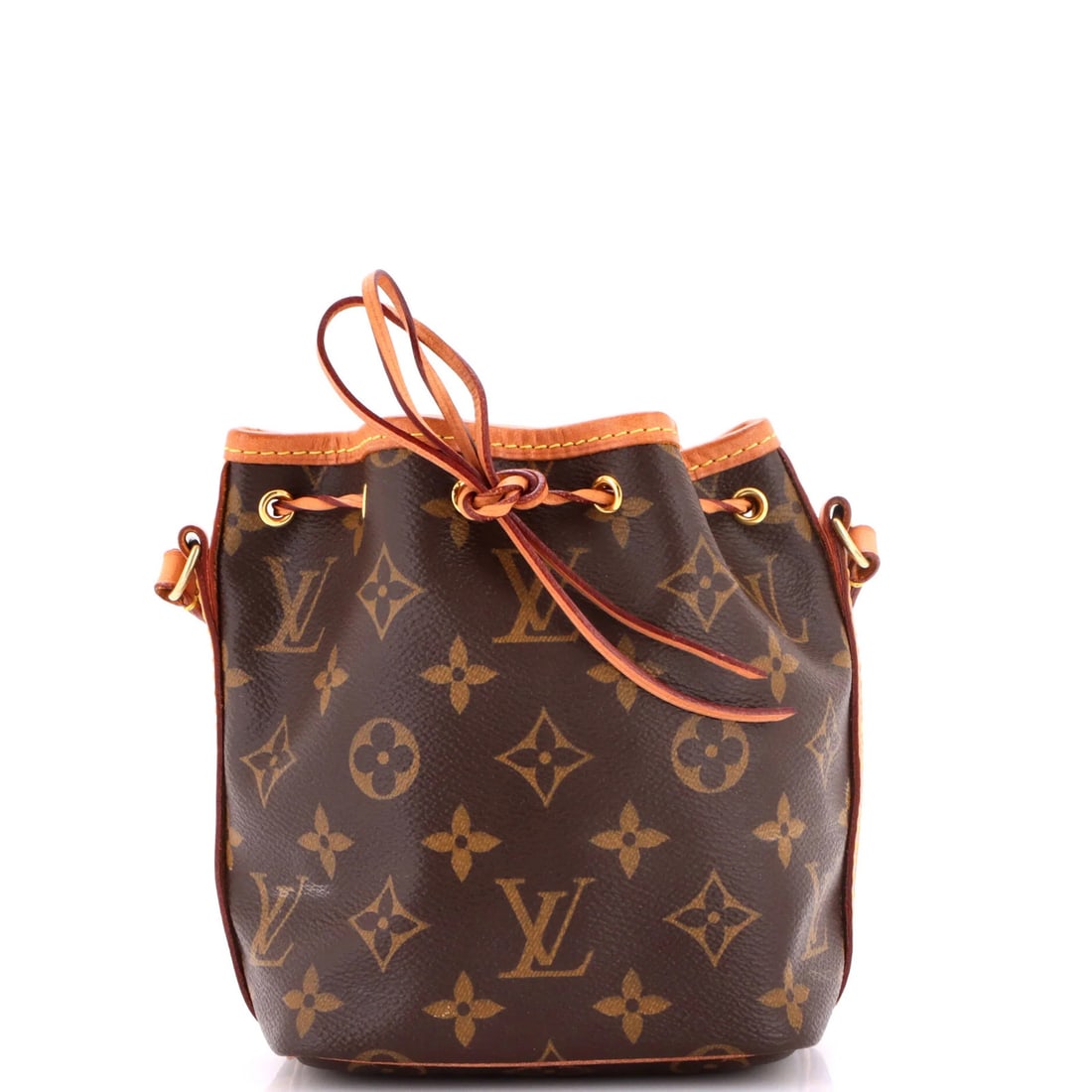 Louis Vuitton Noe Handbag Monogram Canvas Nano: Louis Vuitton Noe Handbag Monogram Canvas Nano The Louis Vuitton Noe Handbag Monogram Canvas Nano boasts its iconic monogram pattern in rich brown canvas, with subtle signs of wear and scuffs that add