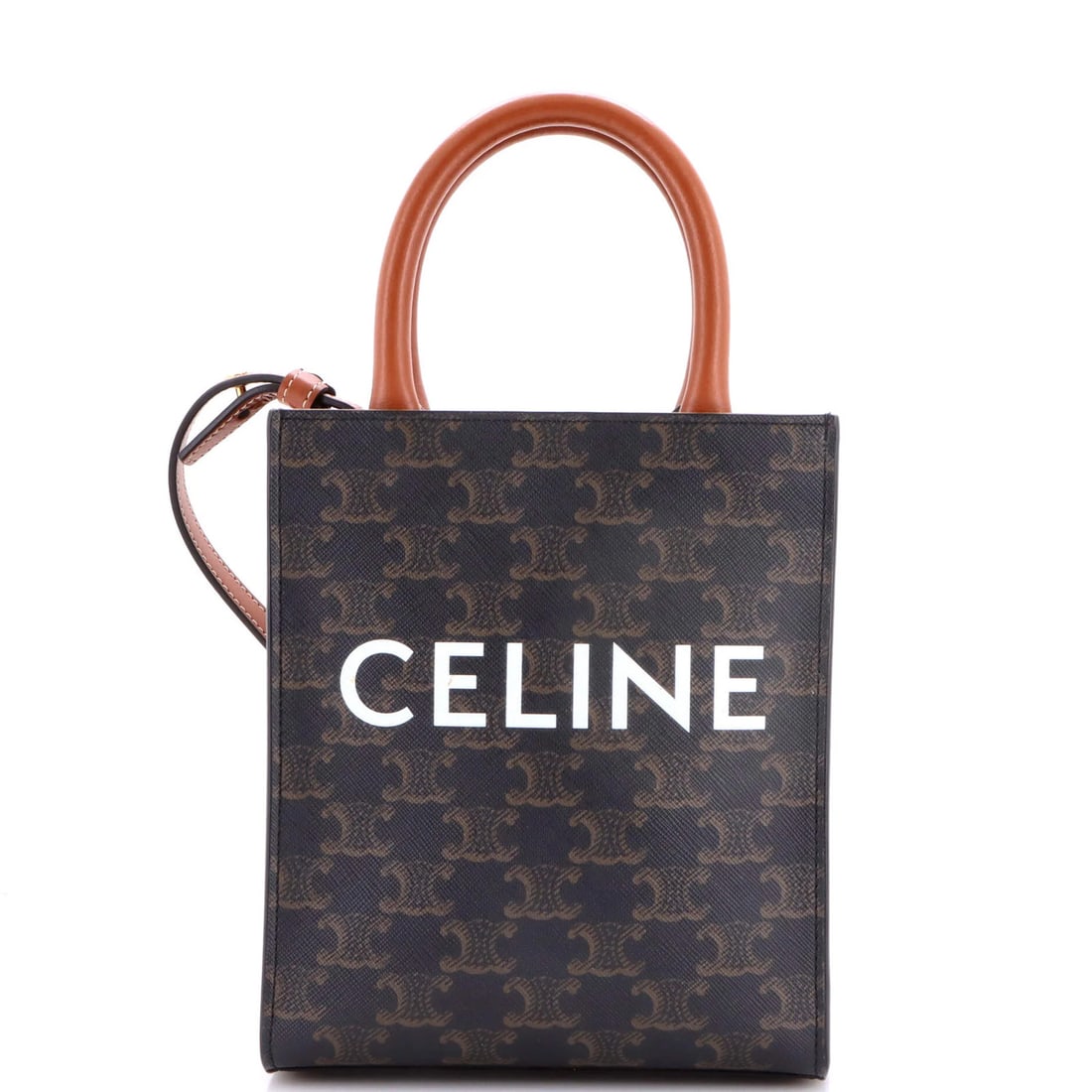 Cabas Tote Mini Coated Canvas Triomphe Vertical Celine: Cabas Tote Mini Coated Canvas Triomphe Vertical Celine The Celine Cabas Tote Mini in Brown features a stylish vertical design with a coated canvas exterior and gold hardware. With its compact size