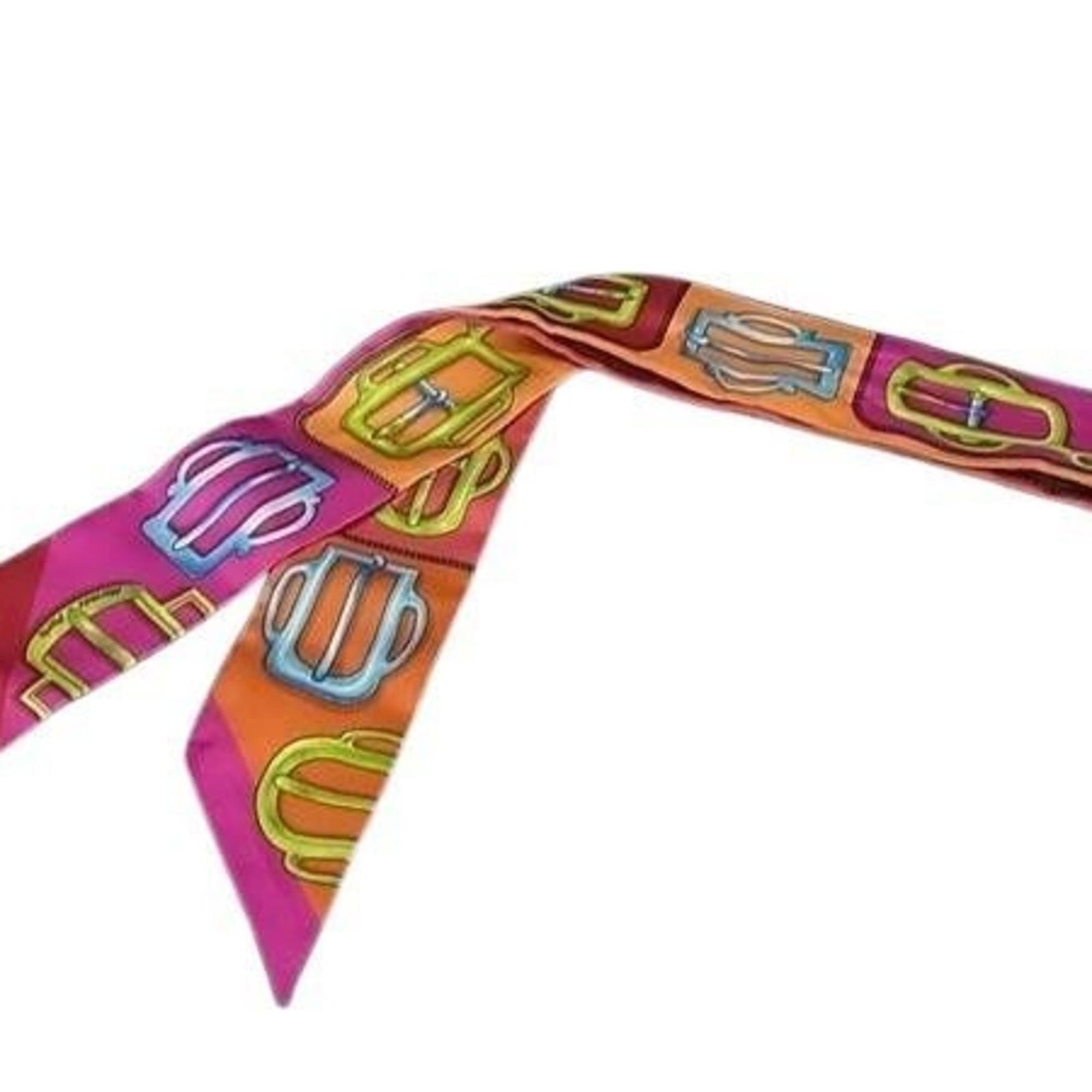 Silk Hermes Scarf 100%: Silk Hermes Scarf 100% Silk from France, the Twilly scarf by Hermes features a vibrant multi-color design. Made from 100% silk, its compact size makes it a stylish accessory. The signature bears no fu