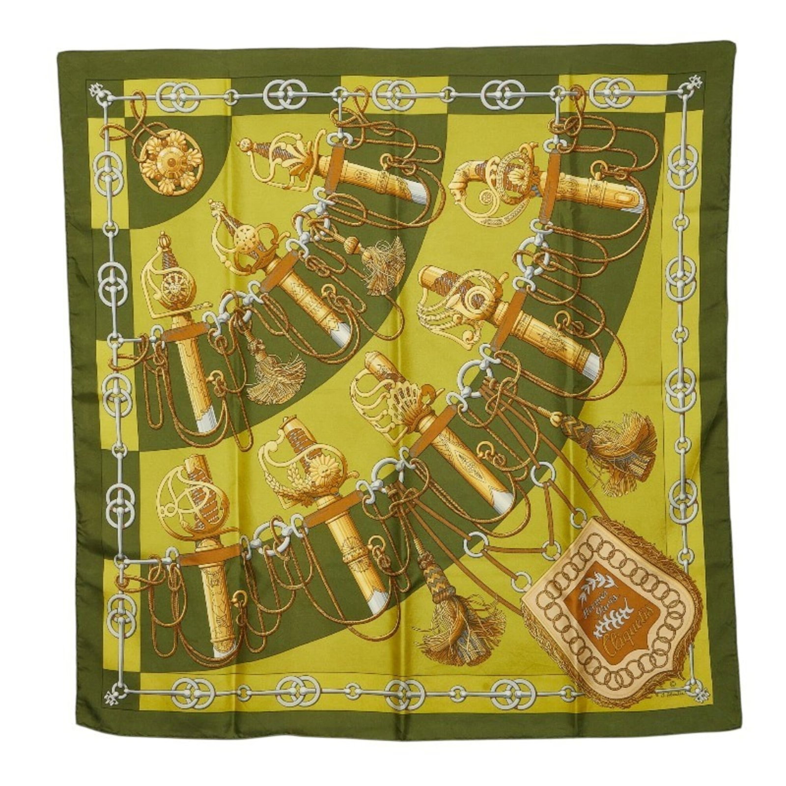 Hermes Silk Scarf: Hermes Silk Scarf Silk in vibrant green hues, this Hermes scarf boasts a classic size and elegant dimensions. Made from high-quality silk, its 88cm x 90cm frame offers a sophisticated accessory for