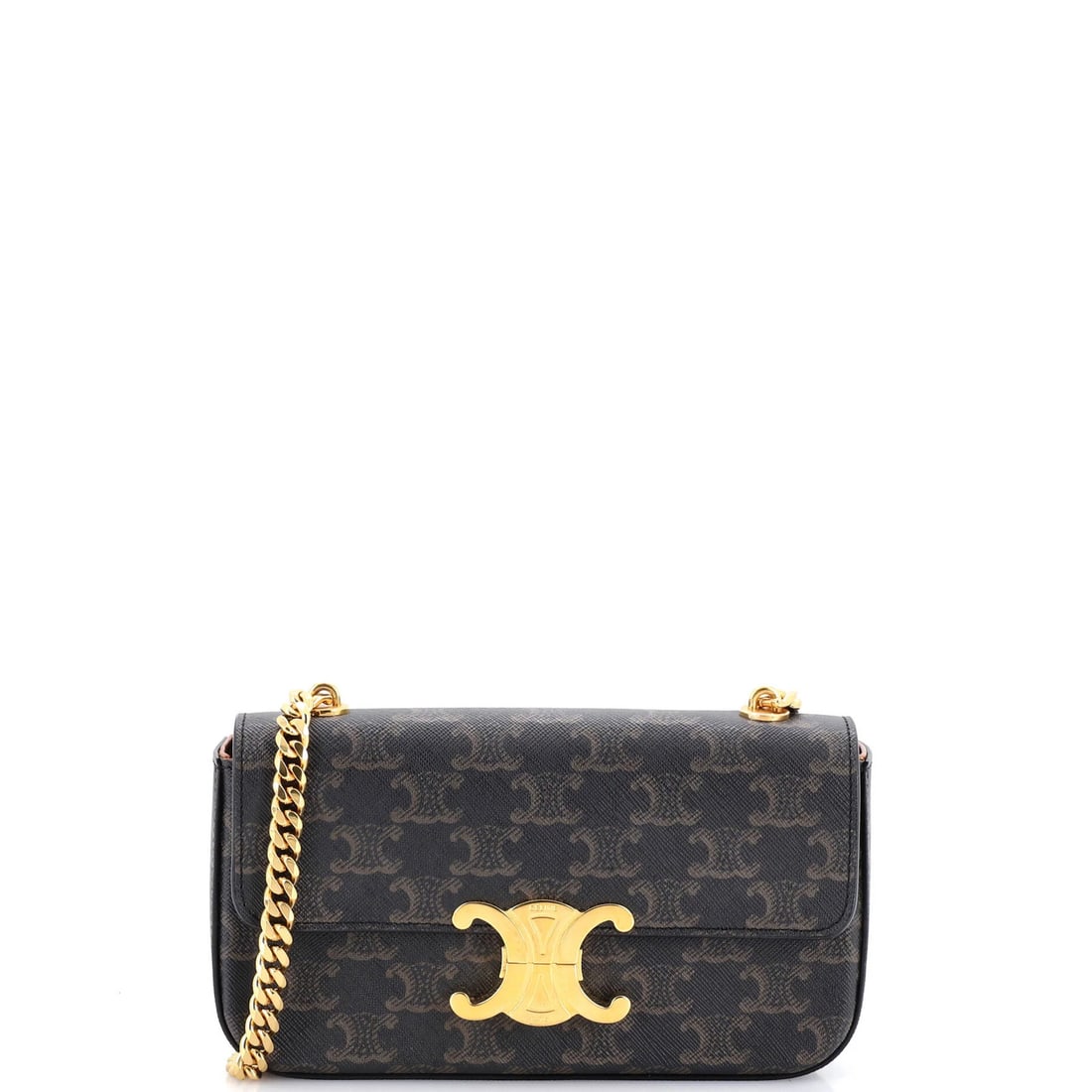 Celine Triomphe Chain Shoulder Bag Triomphe Coated Canvas Small: Celine Triomphe Chain Shoulder Bag Triomphe Coated Canvas Small Small Celine Triomphe Chain Shoulder Bag in Brown, featuring canvas coated exterior with leather interior and gold hardware. This great