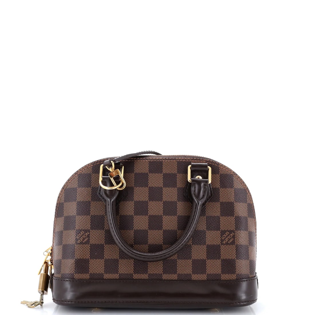 Handbag Louis Vuitton Alma Damier BB: Handbag Louis Vuitton Alma Damier BB Brown Louis Vuitton Alma Damier BB shoulder bag with heavy edge wear, scuffs, and discoloration. The bag features a canvas coated exterior in brown, gold