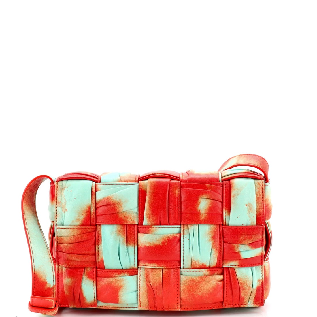 Bottega Veneta Cassette Crossbody Bag Maxi Intrecciato Tie Dye Plisse Leather: Bottega Veneta Cassette Crossbody Bag Maxi Intrecciato Tie Dye Plisse Leather Orange Bottega Veneta Cassette Crossbody Bag with Maxi Intrecciato Tie Dye Plisse Leather. This vibrant, orange-hued