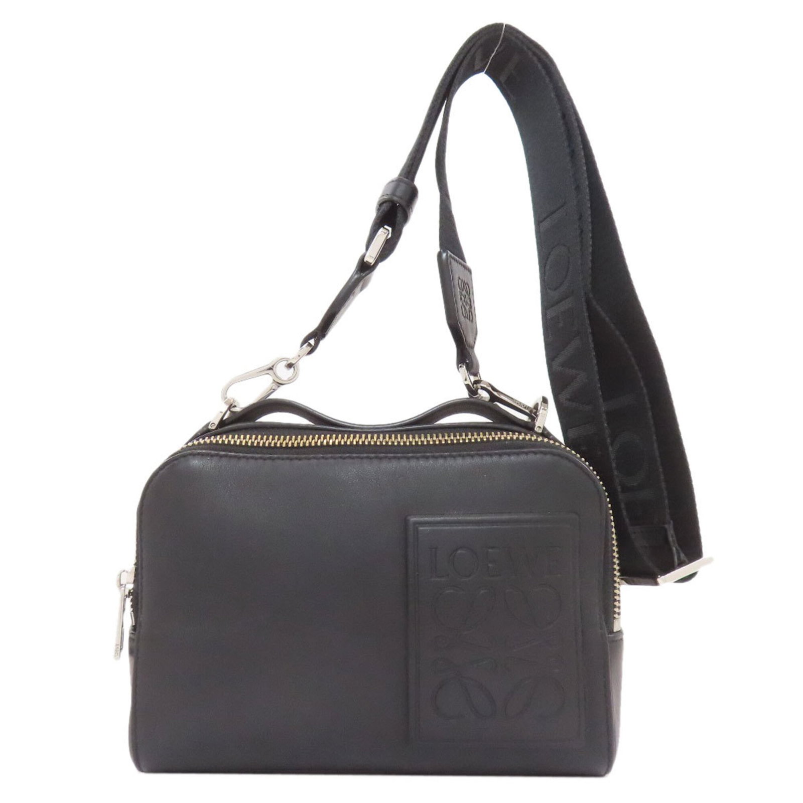 Leather shoulder bag by Loewe: Leather shoulder bag by Loewe Black leather shoulder bag by Loewe, featuring calfskin material and dimensions of 13cm x 17.5cm x 7cm. This stylish bag boasts a sleek design and premium leather constru