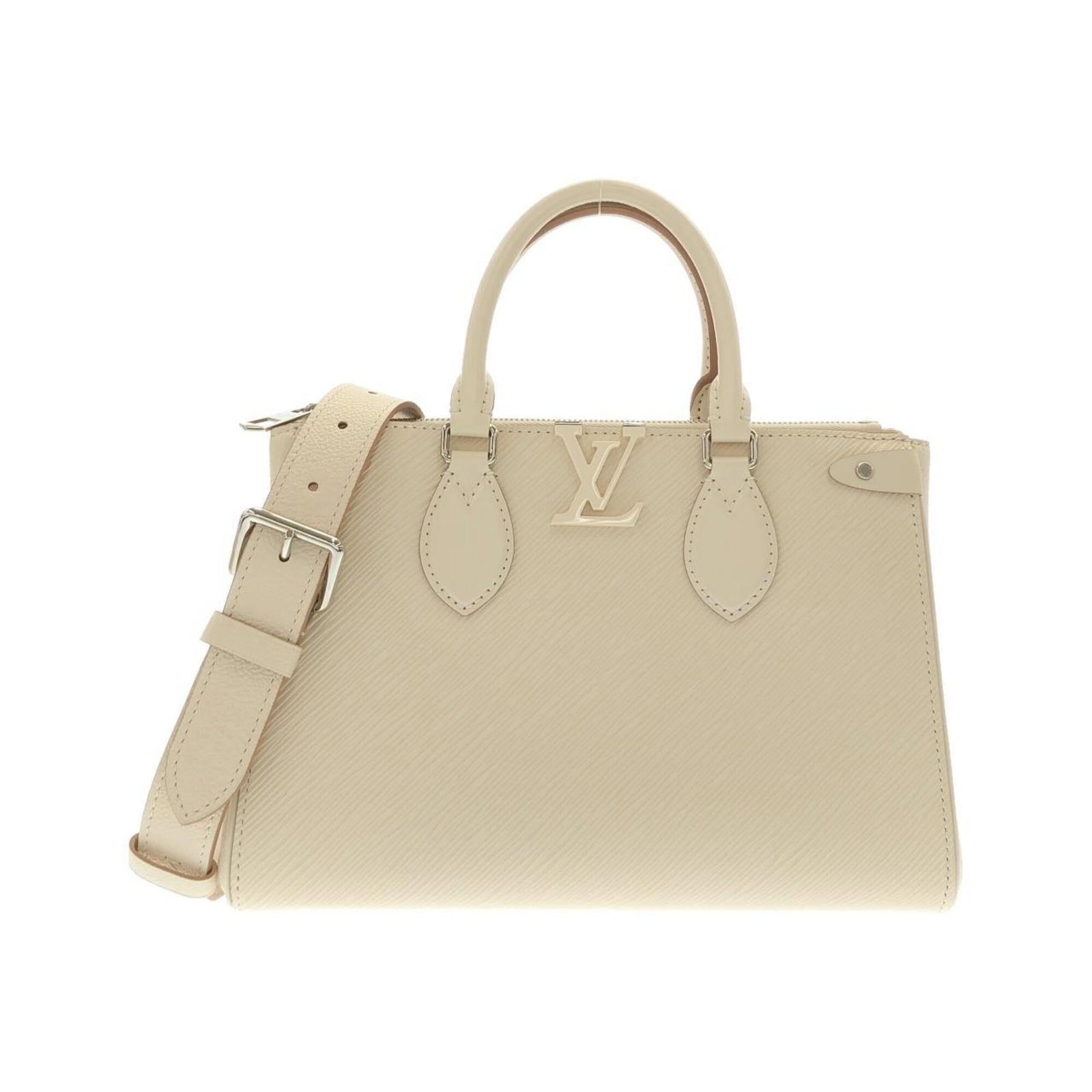 Louis Vuitton Handbag Leather: Louis Vuitton Handbag Leather Calf leather construction provides durability and sophistication to this classic Louis Vuitton handbag, featuring a timeless beige color and sleek silver hardware.