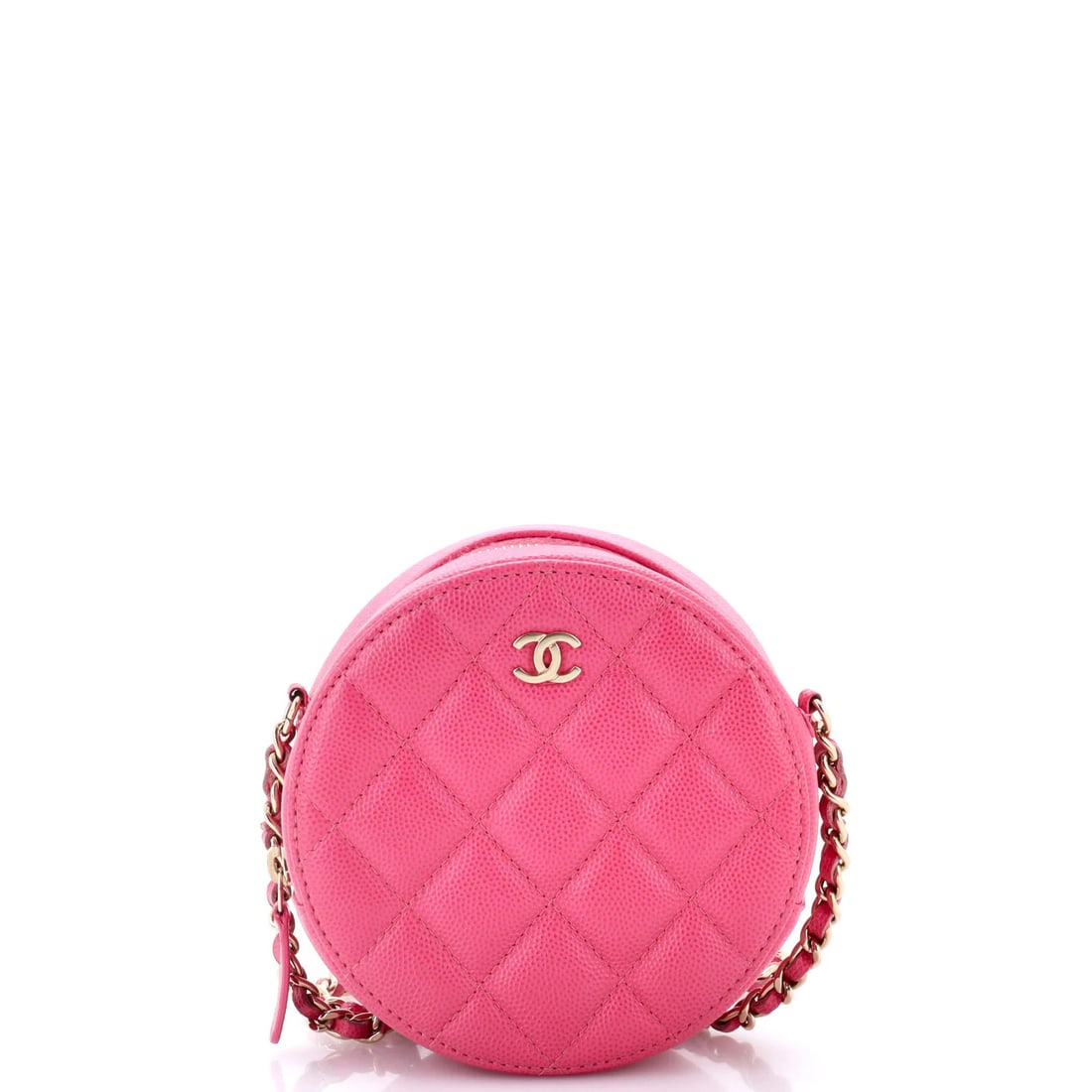 Mini round clutch with chain quilted caviar Chanel: Mini round clutch with chain quilted caviar Chanel Pink leather round clutch with chain quilted caviar design, featuring a mini size and gold tone hardware. Minor creases and scuffs are present on the