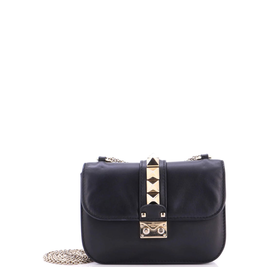 Glam bag leather small shoulder lock Valentino Garavani: Glam bag leather small shoulder lock Valentino Garavani Black leather small shoulder lock bag from Valentino Garavani, featuring a glam lock design and gold tone hardware. The bag has a fair condition