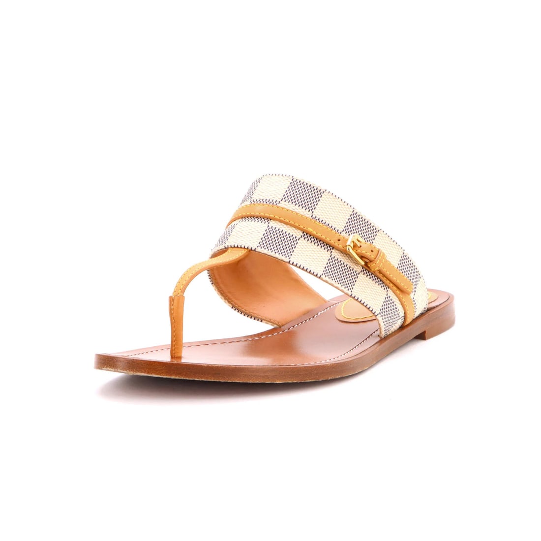 Damier Louis Vuitton Women s Palma Flat Thong Sandals: Damier Louis Vuitton Women s Palma Flat Thong Sandals White canvas coated Damier exterior, brown leather interior, and gold hardware make these Louis Vuitton Women's Palma Flat Thong Sandals a
