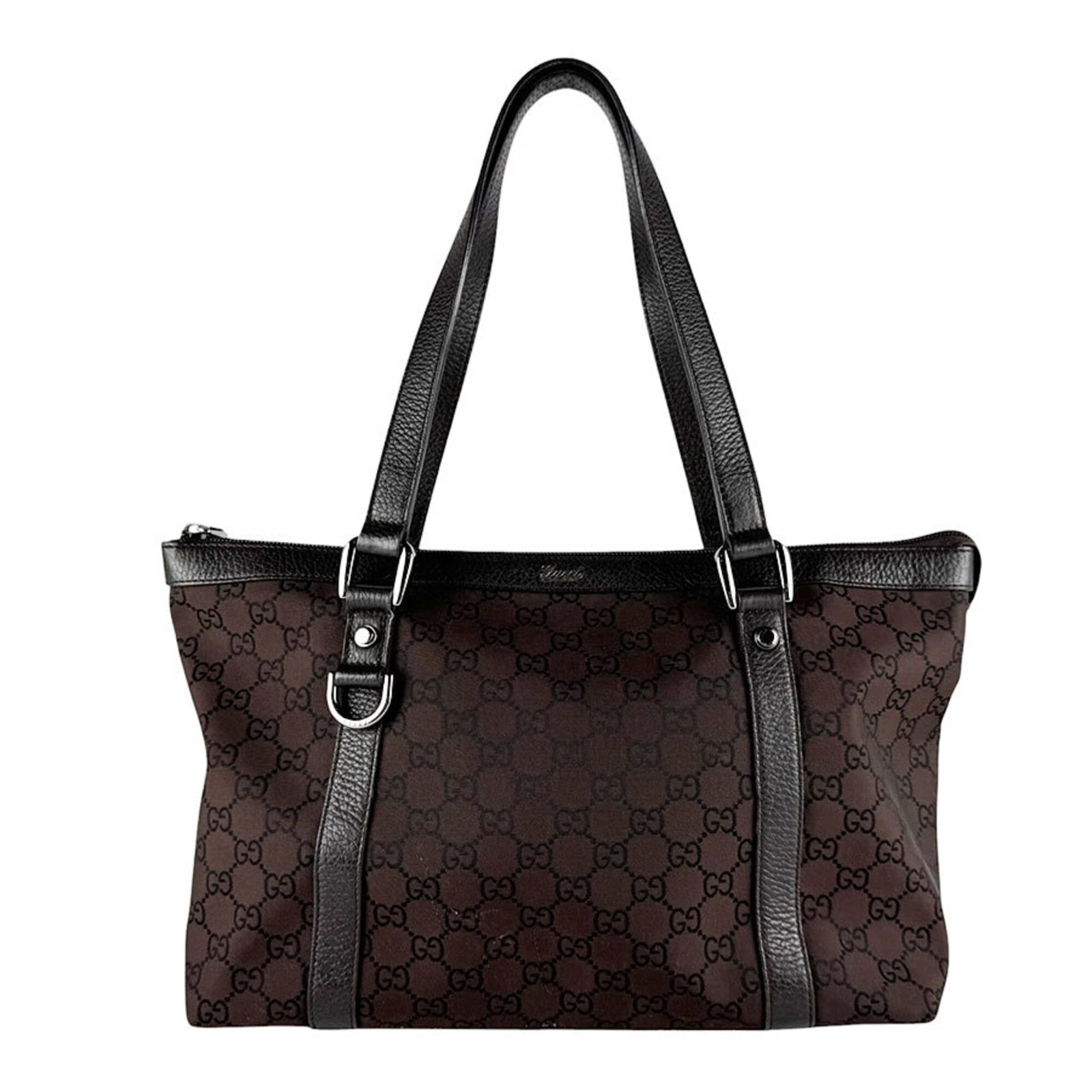 Gucci Leather Nylon Canvas Handbag: Gucci Leather Nylon Canvas Handbag Gucci Leather Nylon Canvas Handbag in Brown features a unique combination of nylon canvas and leather materials, showcasing the brand's signature style. Measuring 20