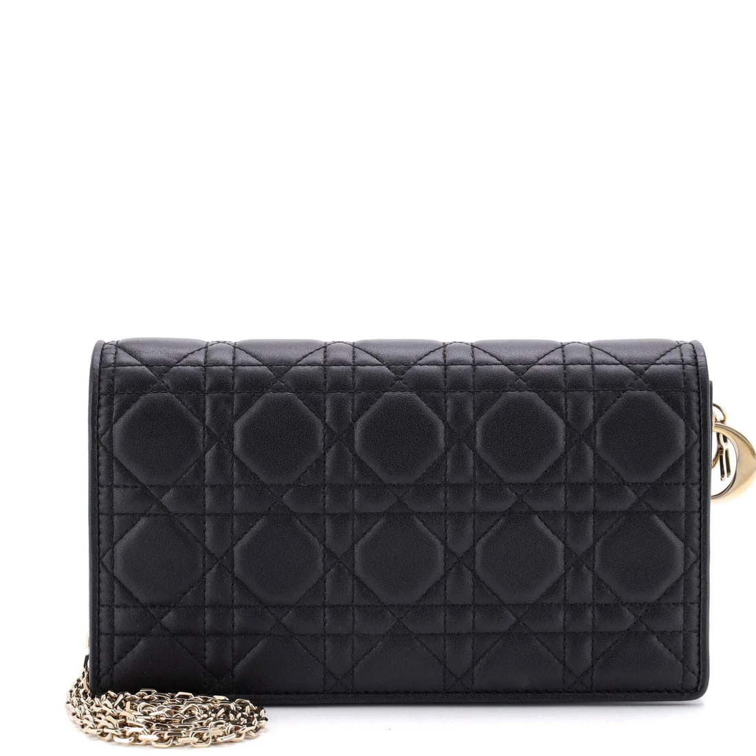 Lady Dior Chain Pouch Cannage Quilt Lambskin: Lady Dior Chain Pouch Cannage Quilt Lambskin Black Lady Dior Chain Pouch Cannage Quilt Lambskin clutches feature a sleek design with minor creases, scuffs, and corner wear on the exterior. The