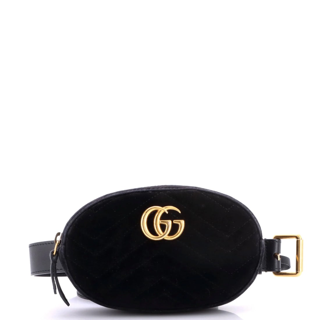 Gucci Matelasse Velvet Belt Marmont GG Bag: Gucci Matelasse Velvet Belt Marmont GG Bag Black Gucci Matelasse Velvet GG Marmont Belt Bag with satin interior and gold hardware, featuring a velvet exterior with heavy edge wear, scuffs,
