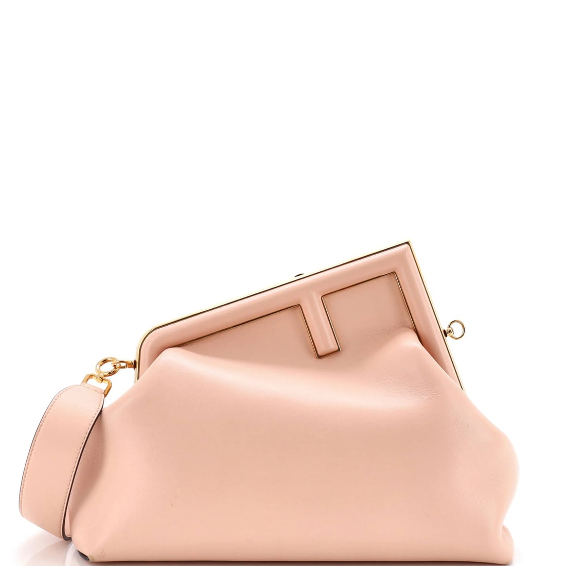 First medium leather bag from Fendi: First medium leather bag from Fendi 9" x 12" x 5" pink leather medium bag from Fendi, featuring gold hardware and minor scuffs on the exterior. The interior boasts a brown fabric lining with a