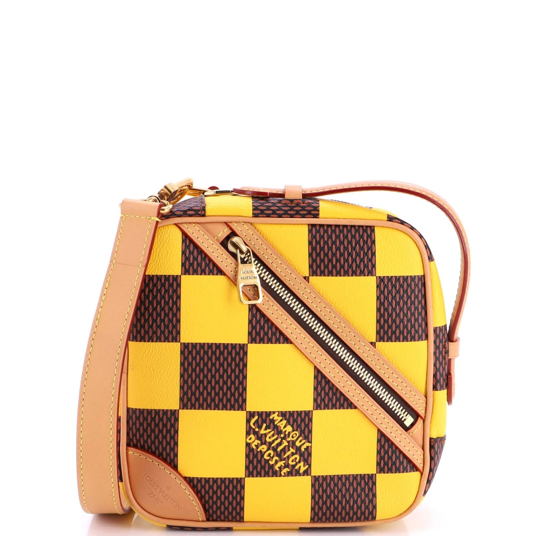 Louis Vuitton Chess Messenger Bag Damier Pop: Louis Vuitton Chess Messenger Bag Damier Pop Yellow canvas coated Louis Vuitton Chess Messenger Bag Damier Pop in excellent condition, featuring minor creases, scuffs, and edge wear. The bag's brown