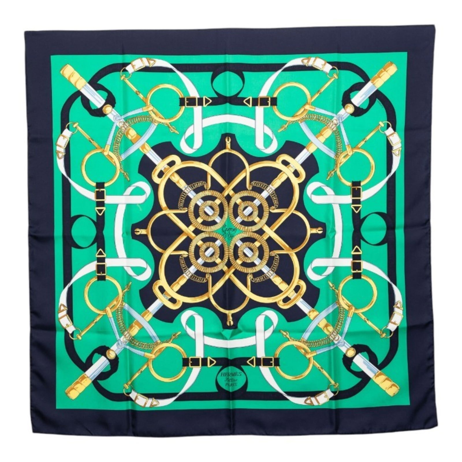 Hermes Silk Scarf: Hermes Silk Scarf Silk in rich green and navy hues, this Hermes scarf boasts elegant dimensions at 86.5cm x 87.5cm. Made from luxurious silk, its subtle texture invites the touch. A beautiful
