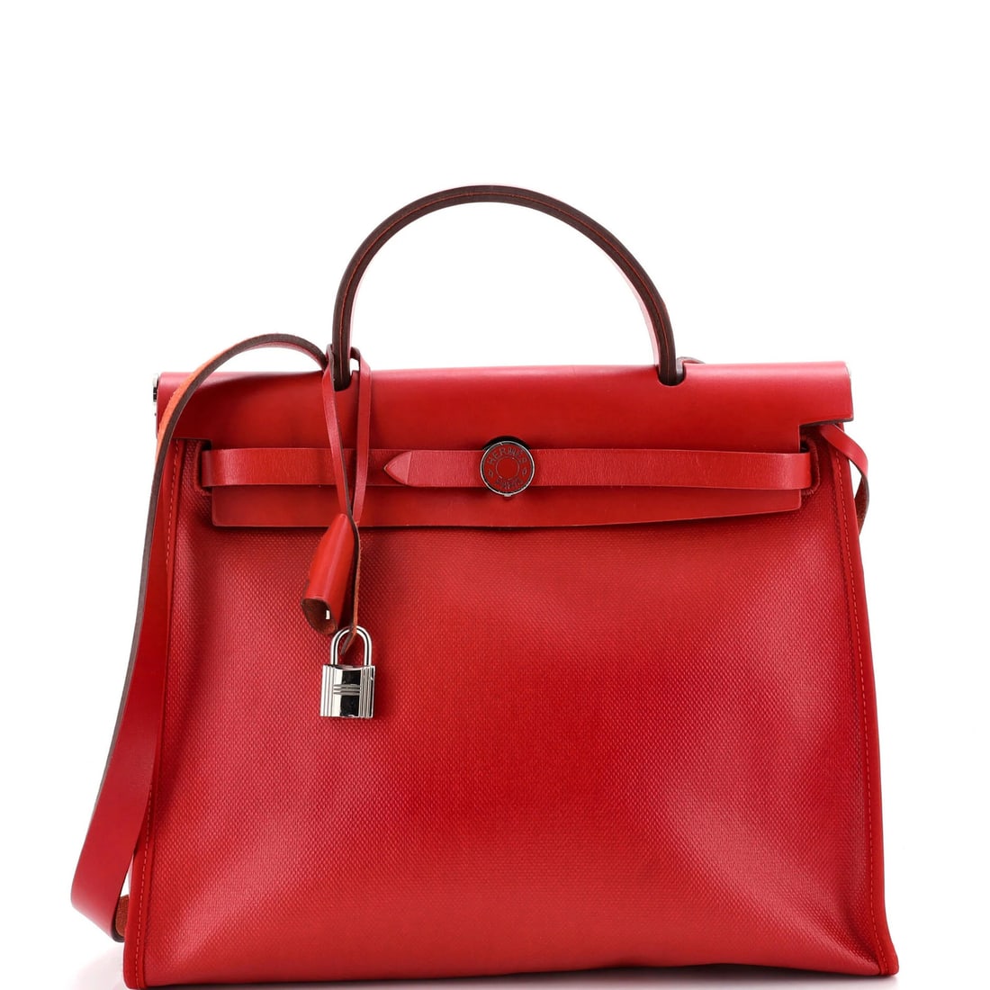 Herbag Vache Leather Canvas Berline Hermes Zip 31: Herbag Vache Leather Canvas Berline Hermes Zip 31 Red Herm?s Herbag Vache Leather Canvas Berline Zip 31 shoulder bag with palladium hardware, featuring a canvas-coated leather exterior and neutral