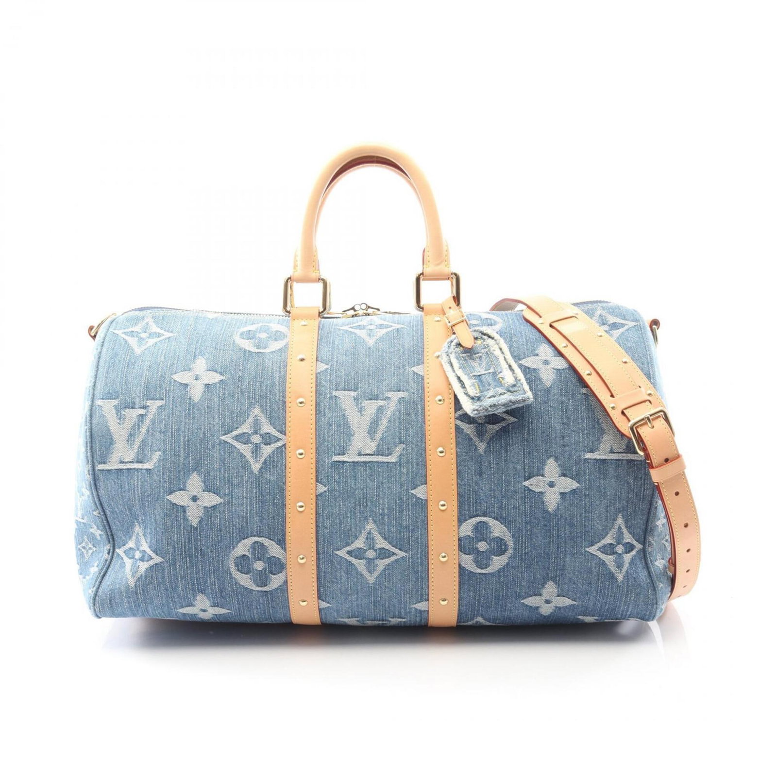 Boston Handbag Bag Leather Denim Louis: Boston Handbag Bag Leather Denim Louis Blue denim and leather combine in the iconic Louis Vuitton Boston bag, with its signature monogram pattern and classic design. This stylish handbag measures 26cm