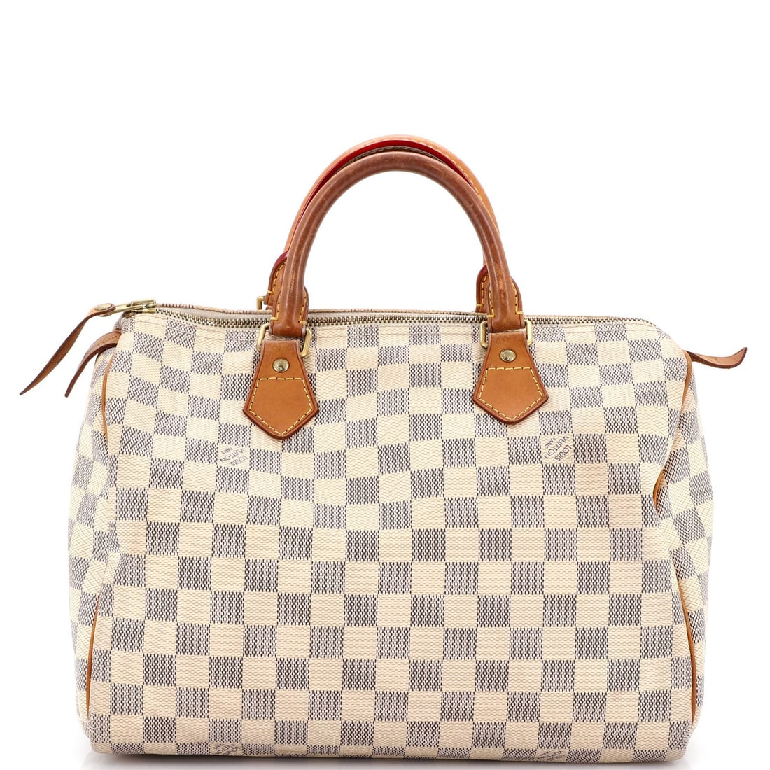 Vuitton Speedy Louis Handbag Damier: Vuitton Speedy Louis Handbag Damier Canvas Coated Damier print on white exterior, iconic Speedy Louis Vuitton handbag with top handle and neutral interior. Measuring 30" in height, width, and depth, t