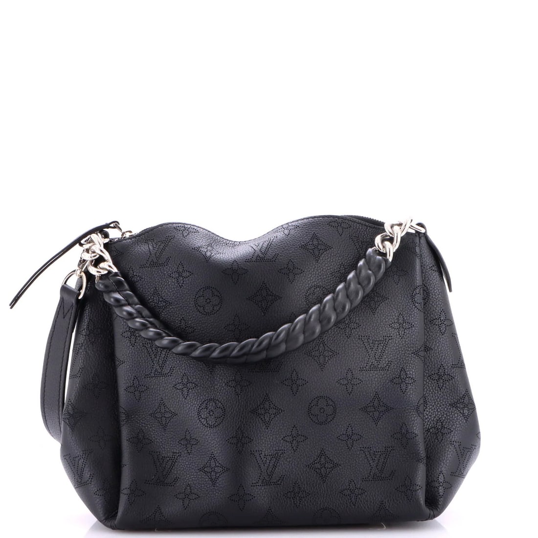 Babylone Louis Vuitton Mahina Leather Handbag: Babylone Louis Vuitton Mahina Leather Handbag Black Babylone Louis Vuitton Mahina Leather Handbag with silver hardware, featuring microfiber interior and measuring 9" height x 6" depth. The bag has a 