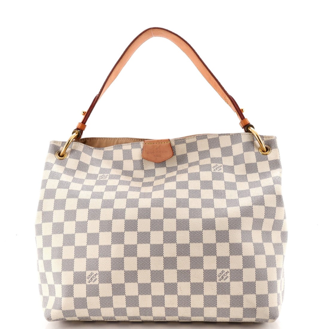 Handbag Damier PM Louis Vuitton: Handbag Damier PM Louis Vuitton White canvas coated Damier PM exterior, neutral interior, and gold hardware define the classic look of this Louis Vuitton handbag. Minor scuffs, edge wear, and stains a
