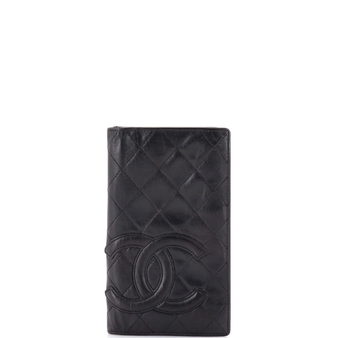 Quilted lambskin wallet bifold for long Chanel cambon.: Quilted lambskin wallet bifold for long Chanel cambon. Black quilted lambskin wallet with a long Cambon bifold design, featuring silver hardware and a classic black interior. The exterior shows signs 