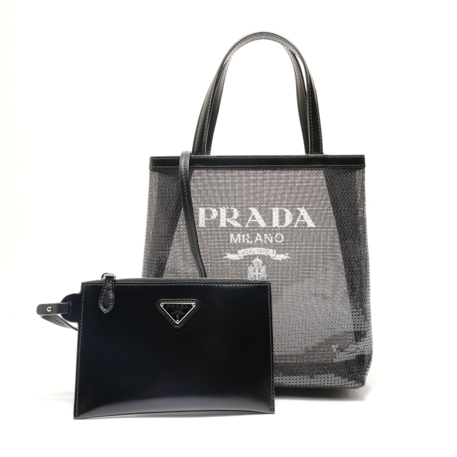 Prada Handbag Pouch Spangles: Prada Handbag Pouch Spangles Spangles cover the entire surface of this black Prada Country handbag pouch, adding a touch of glamour to its sleek design. The pouch measures 22cm x 20cm x 7cm and is