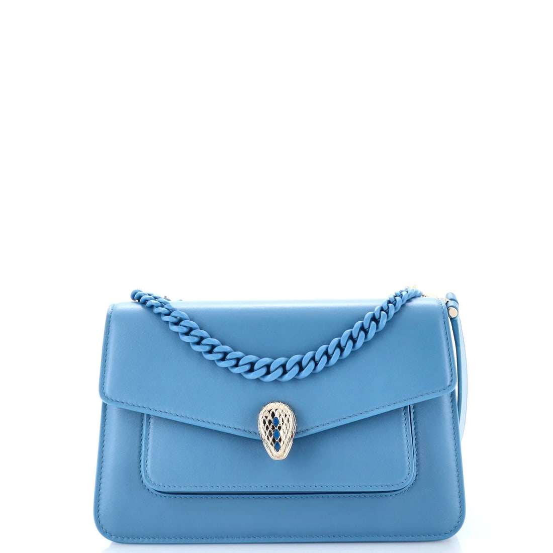 Bag leather medium chain crossbody Serpenti Bvlgari Forever maxi: Bag leather medium chain crossbody Serpenti Bvlgari Forever maxi The Bvlgari Serpenti Forever maxi crossbody bag boasts a sleek, medium chain design and a striking blue leather exterior. This stylish
