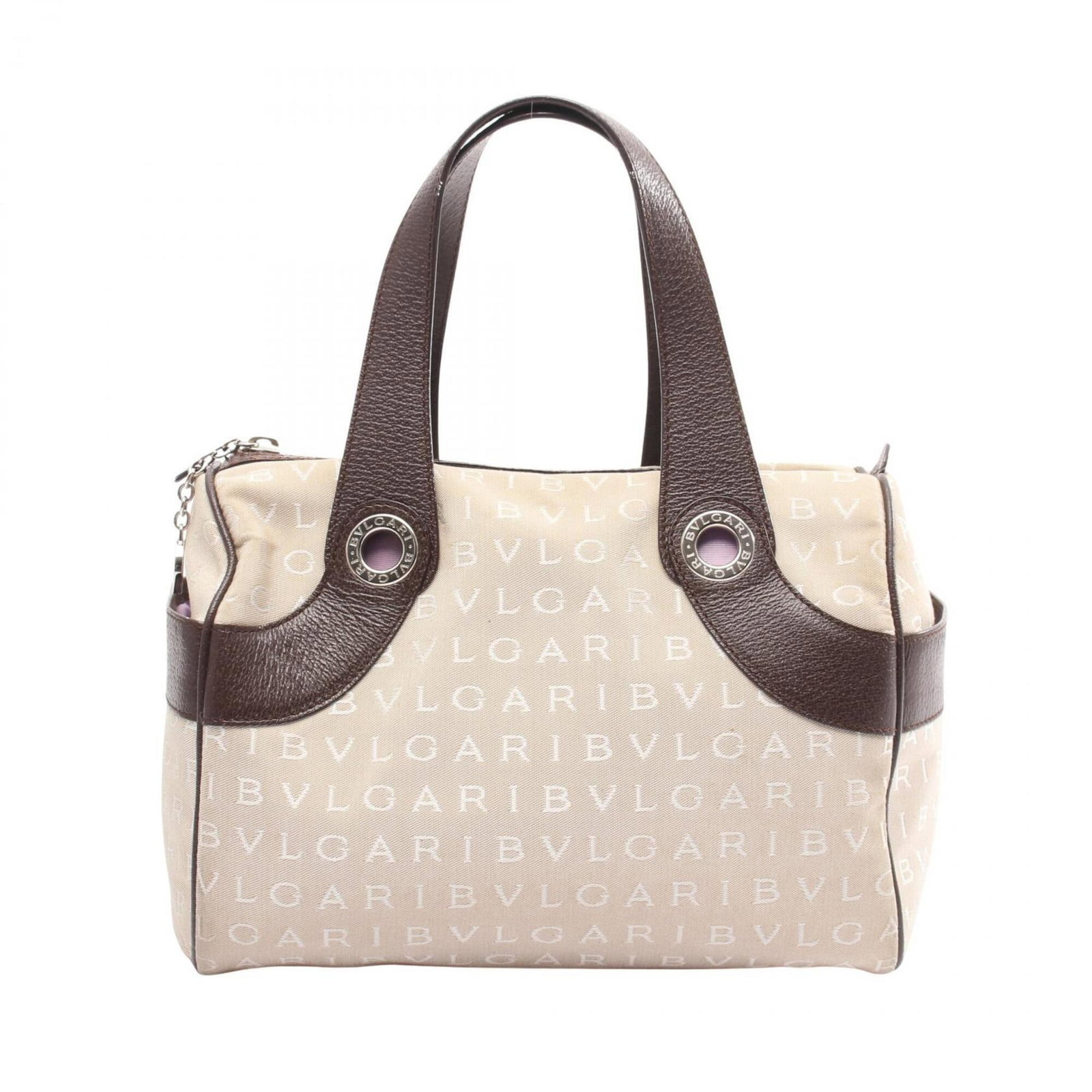 Bvlgari Handbag Canvas Leather: Bvlgari Handbag Canvas Leather Canvas and leather blend in this Bvlgari handbag, available in beige and brown hues. The bag measures 17cm x 25cm x 13.5cm. It features a canvas and leather