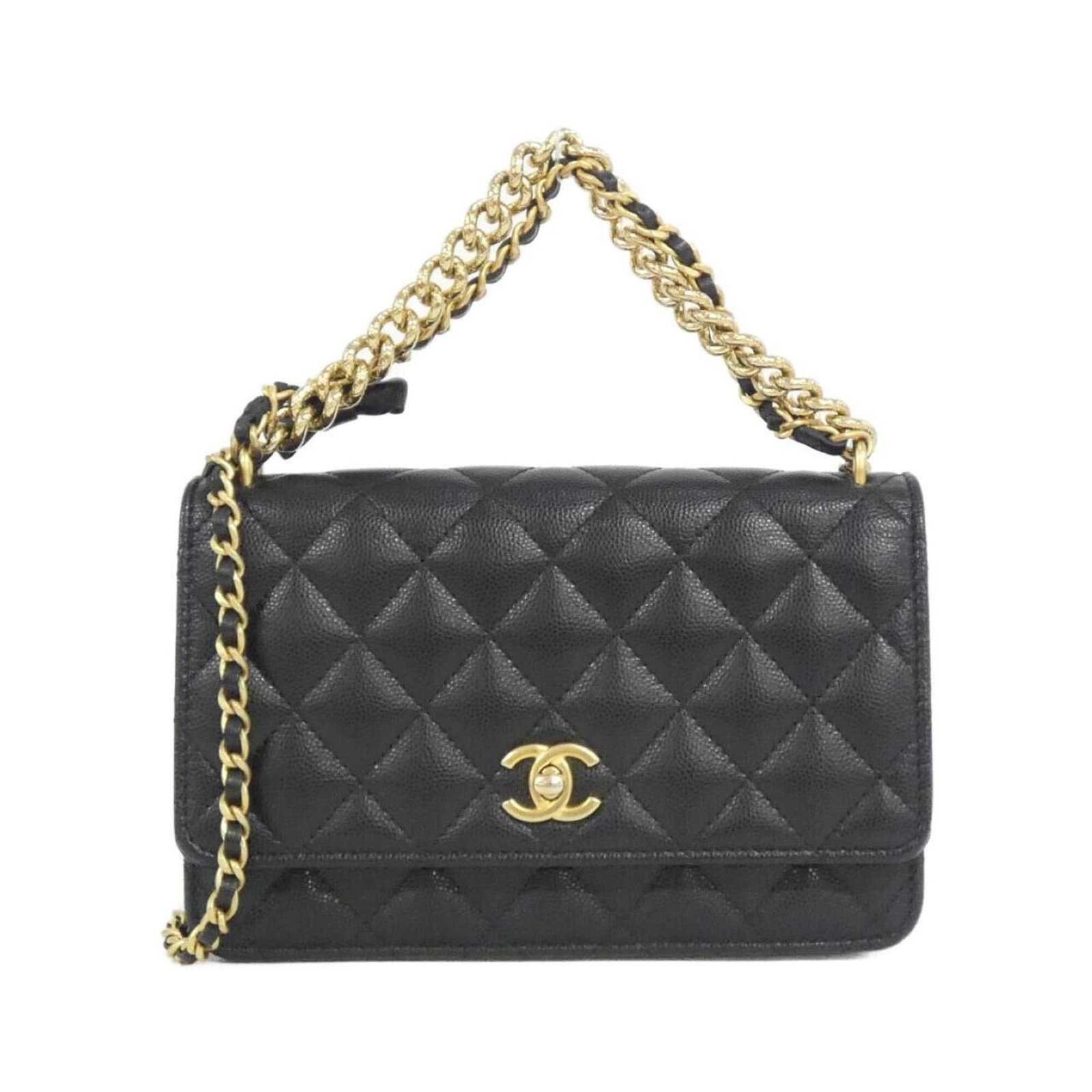 Chanel Chain/ Shoulder Wallet Grained Calfskin: Chanel Chain/ Shoulder Wallet Grained Calfskin Chain/Shoulder wallet in grained calfskin, characteristic of Chanel's signature style. This black leather piece measures 13cm x 19cm x 4cm and features
