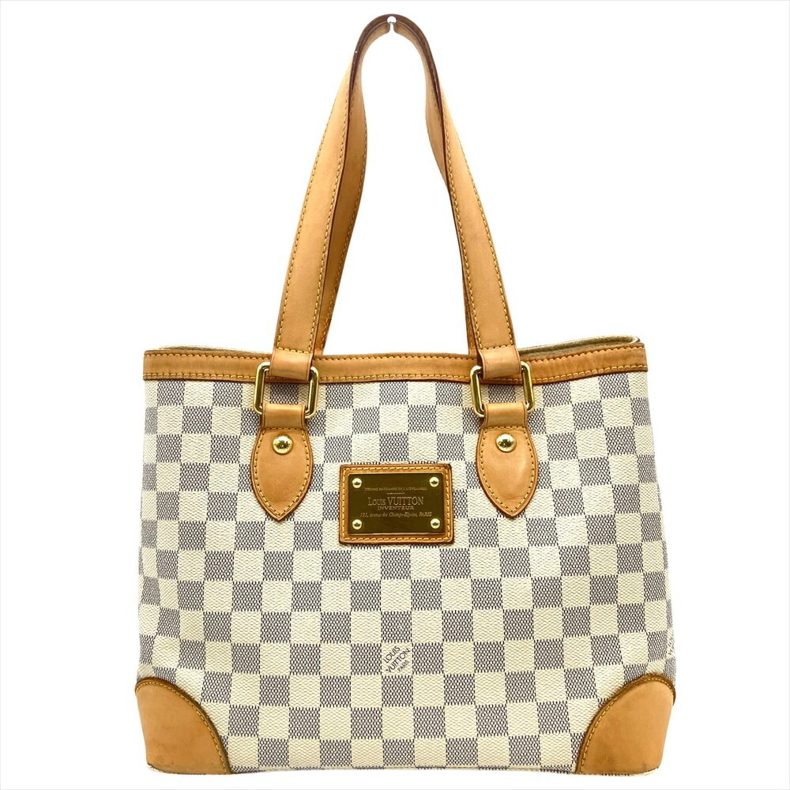 Damier Azur Tote Bag by Louis Vuitton: Damier Azur Tote Bag by Louis Vuitton Damier Azur Tote Bag by Louis Vuitton - A stylish and timeless accessory, this white tote bag features iconic Damier Azur pattern in gold hardware. Measuring