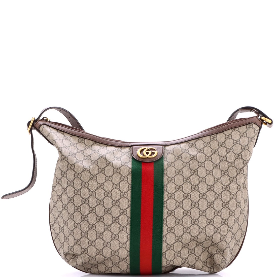 Half moon hobo gucci canvas coated large GG: Half moon hobo gucci canvas coated large GG Brown canvas-coated Gucci Ophidia half moon hobo bag in large size with minor creases on exterior and interior, aged gold hardware. The bag features a