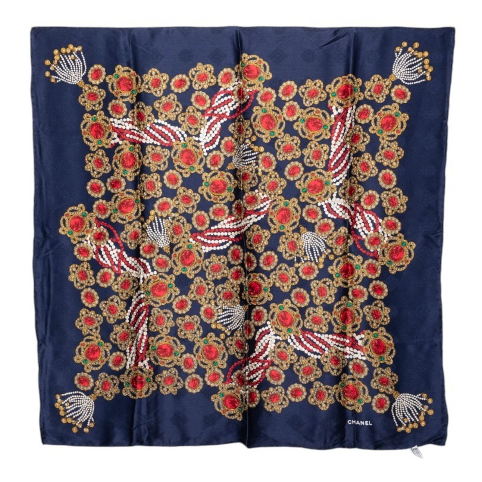 Chanel Silk Scarf: Chanel Silk Scarf Silk scarf from the iconic French fashion house Chanel, featuring a multi-color and navy design. Made from high-quality silk, measuring 85cm x 85cm in size. A classic accessory for t