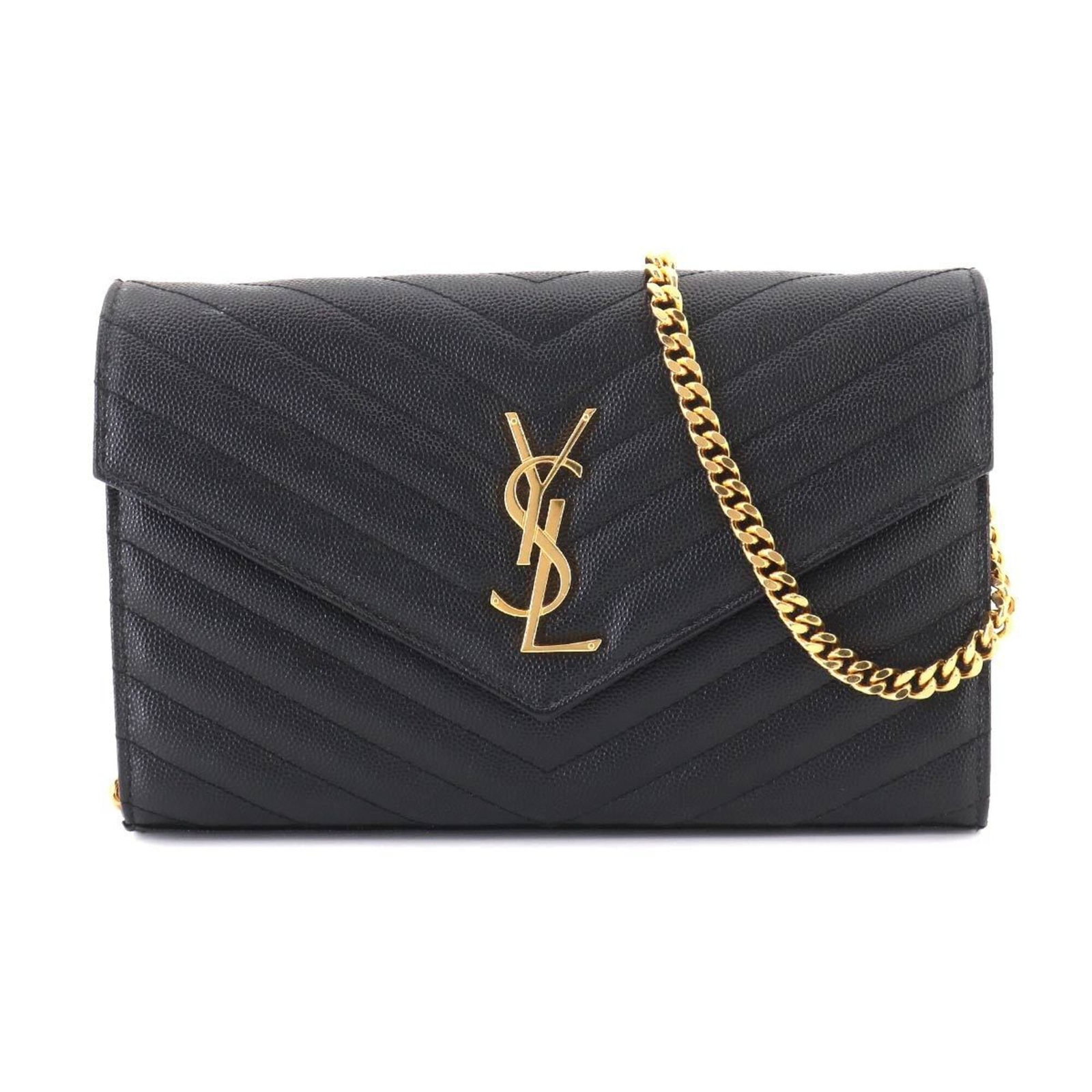 Saint Laurent Chain/ Shoulder Wallet Leather: Saint Laurent Chain/ Shoulder Wallet Leather Chain/Shoulder wallet in black leather from Saint Laurent, measuring 14.5cm x 22.5cm x 3.5cm. This Italian-made leather wallet features a sleek chain