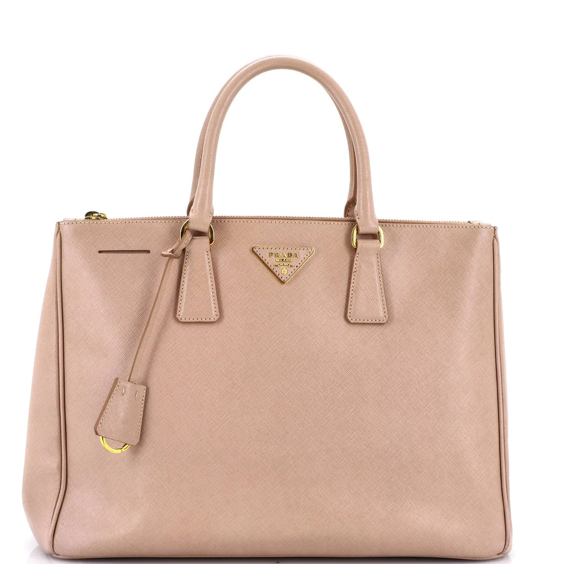 Lux Tote Saffiano Leather Large Double Prada: Lux Tote Saffiano Leather Large Double Prada Pink Saffiano Leather Lux Tote with Double Zipper, measuring 10.5" high and 14" wide, features a gold interior and aged gold hardware. The exterior shows s