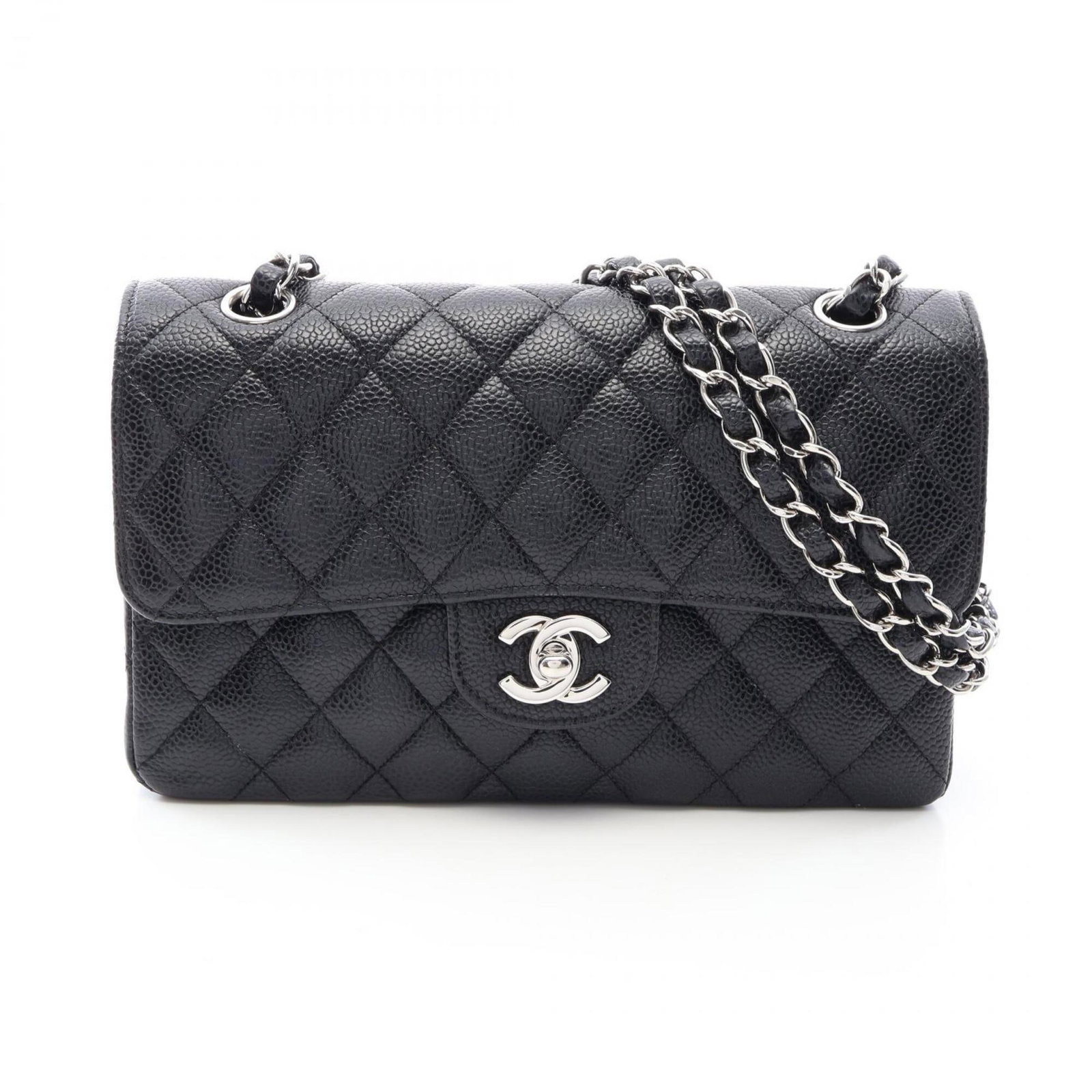 Calfskin handbag bag shoulder Chanel: Calfskin handbag bag shoulder Chanel Calfskin handbag bag shoulder Chanel features a sleek black design made from high-quality grained calfskin. The compact size, measuring 14cm x 23cm x 6cm, makes