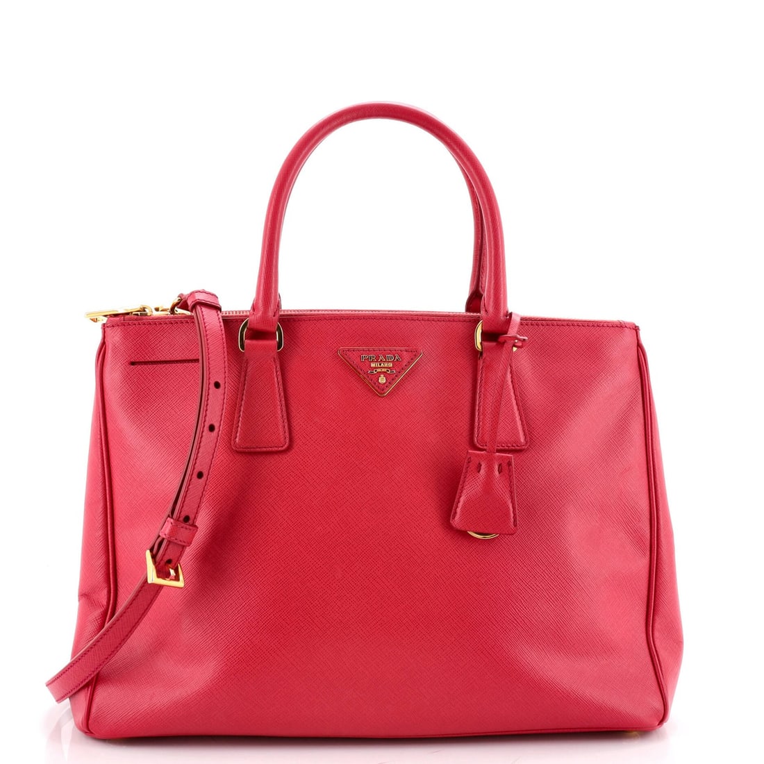 Lux Tote Saffiano Leather Medium double zip by Prada: Lux Tote Saffiano Leather Medium double zip by Prada Pink Saffiano Leather Lux Tote with Double Zip features a medium size, 5" handle drop, and adjustable strap. The exterior has minor touch-ups on co