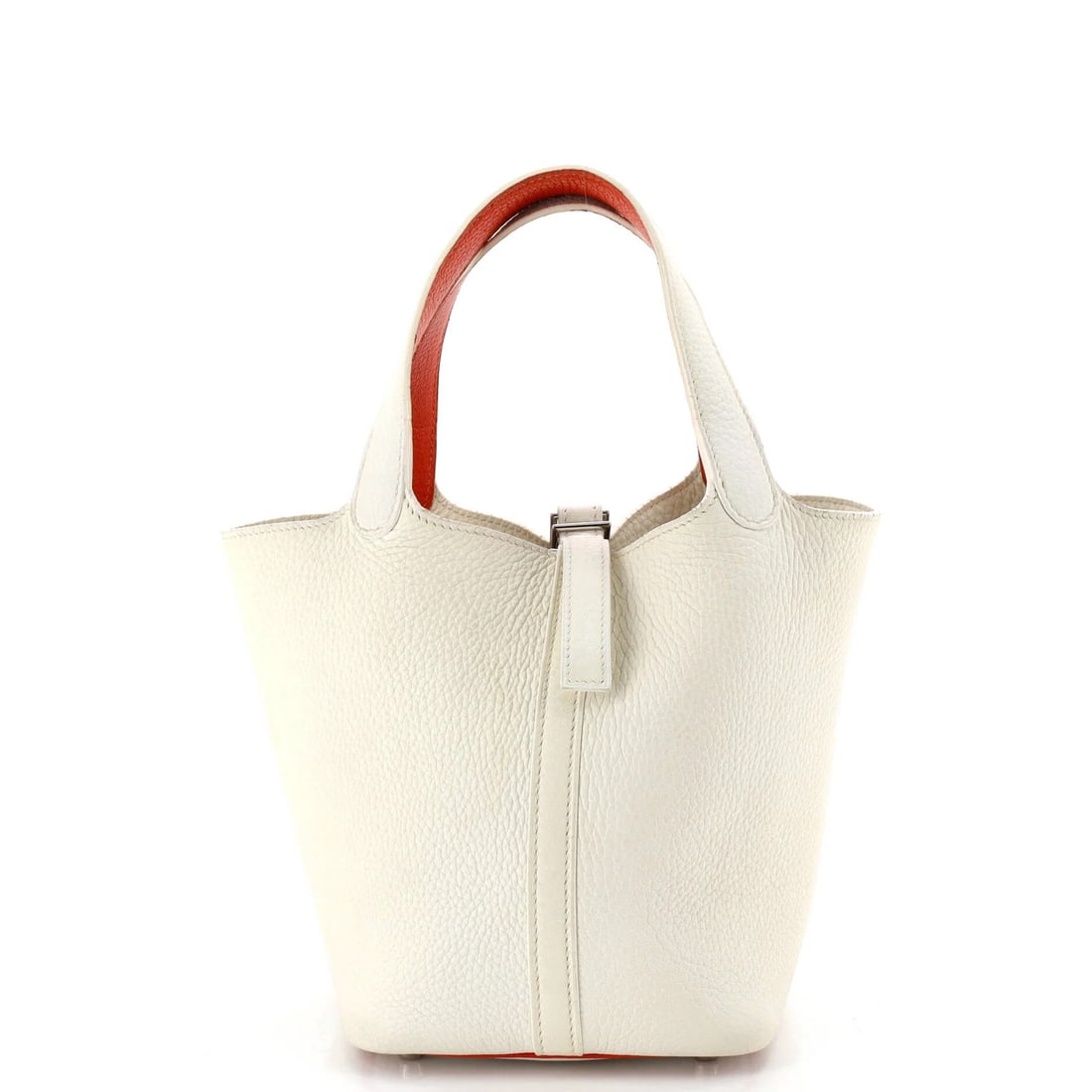 Picotin Bag Clemence PM by Hermes: Picotin Bag Clemence PM by Hermes The Picotin Bag Clemence PM by Hermes boasts a striking combination of orange and white hues, with a classic totes design. This iconic bag features heavy cracking on 