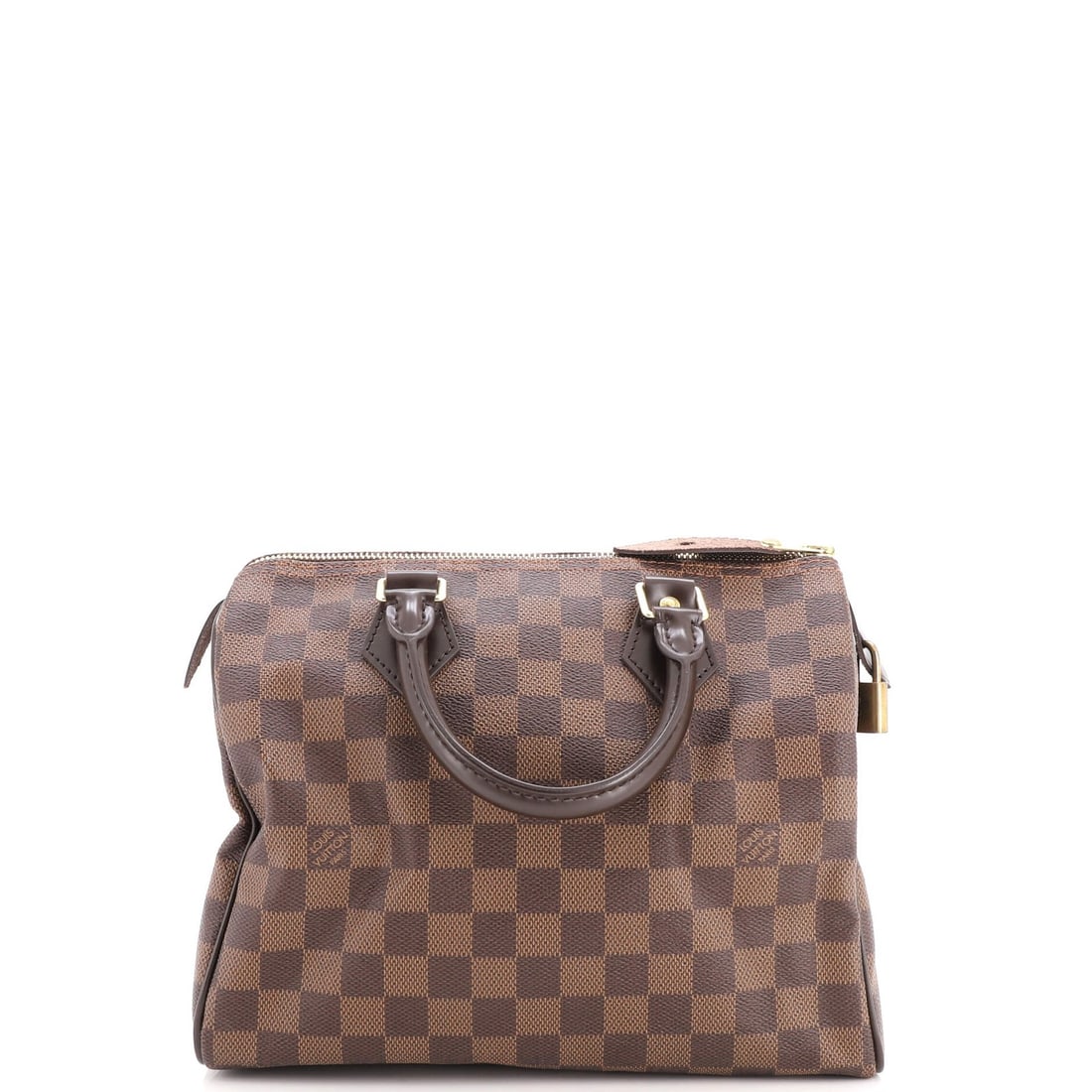 Damier Louis Vuitton Speedy Handbag: Damier Louis Vuitton Speedy Handbag Brown Damier Louis Vuitton Speedy Handbag with minor scuffs, creases, and edge wear. This canvas-coated top handle bag features a classic design with gold hardware
