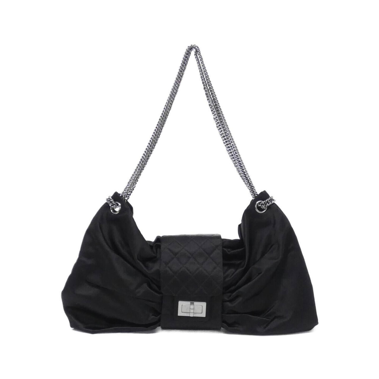 Chanel bag satin silk shoulder: Chanel bag satin silk shoulder Satin silk shoulder bag from Chanel, featuring black satin exterior and silver hardware. This sleek design measures 15cm x 38cm x 3cm and weighs 410g, with a strap lengt