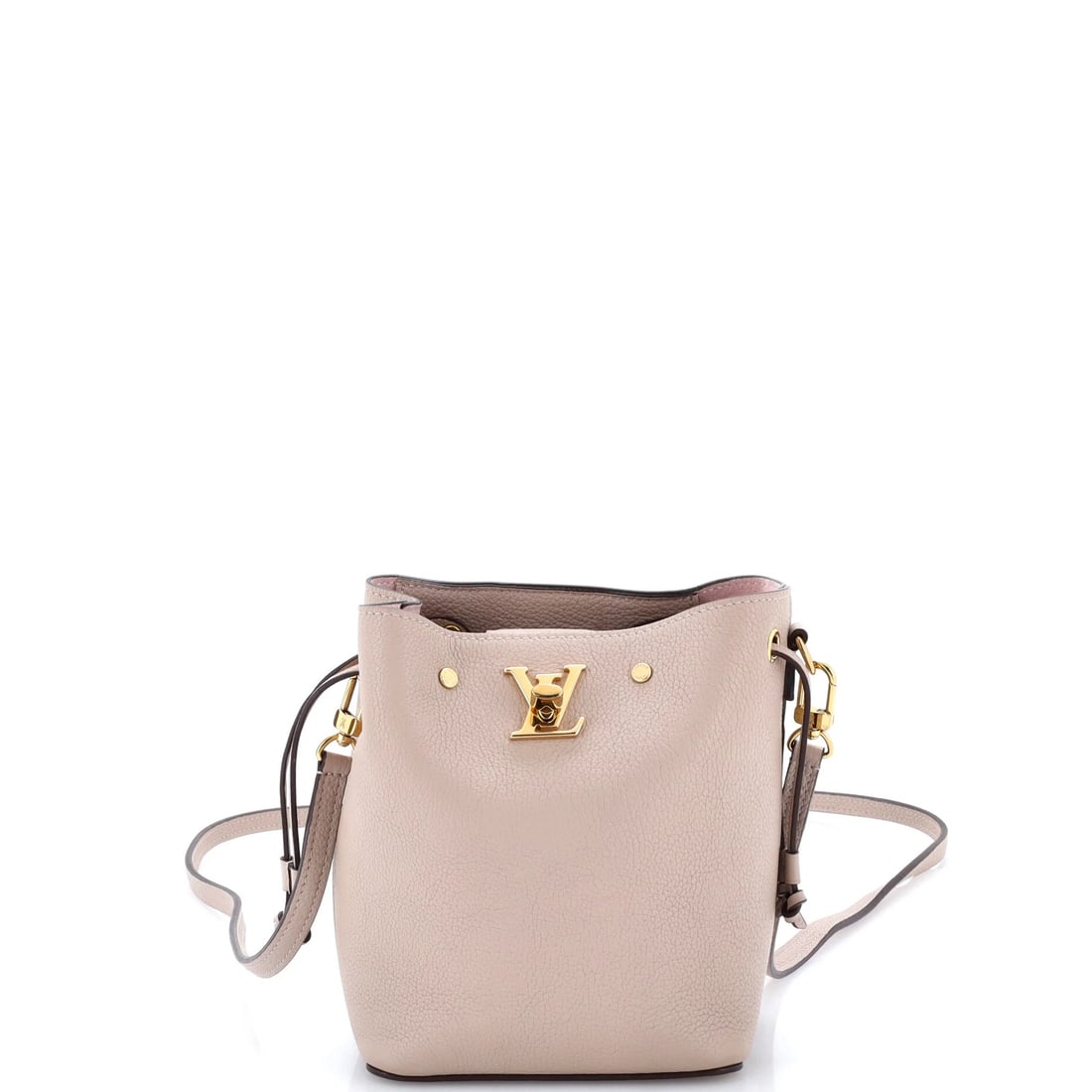 Louis Vuitton Lockme Bucket Bag Leather Nano: Louis Vuitton Lockme Bucket Bag Leather Nano The Louis Vuitton Lockme Bucket Bag Leather Nano boasts a sleek, neutral exterior with minor scuffs and cracking, adding subtle character to its design. Th