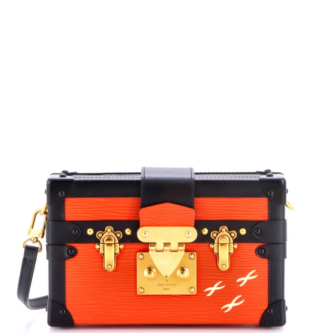 Petite Malle Leather Epi Louis Vuitton Handbag: Petite Malle Leather Epi Louis Vuitton Handbag The Petite Malle Leather Epi Louis Vuitton Handbag boasts a striking orange exterior with black accents, adding a pop of color to any outfit. Measuring 4