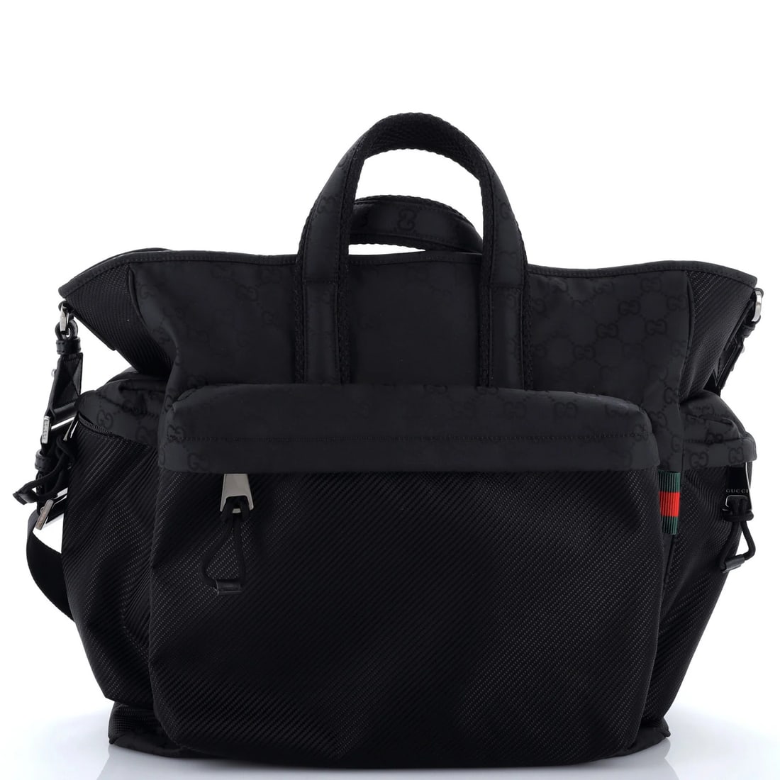 Nexus Convertible Tote Large Gucci Nylon GG: Nexus Convertible Tote Large Gucci Nylon GG Black Gucci Nexus Convertible Tote in large size, featuring detachable strap and minor scuffs on exterior. The nylon GG material provides a durable and styl