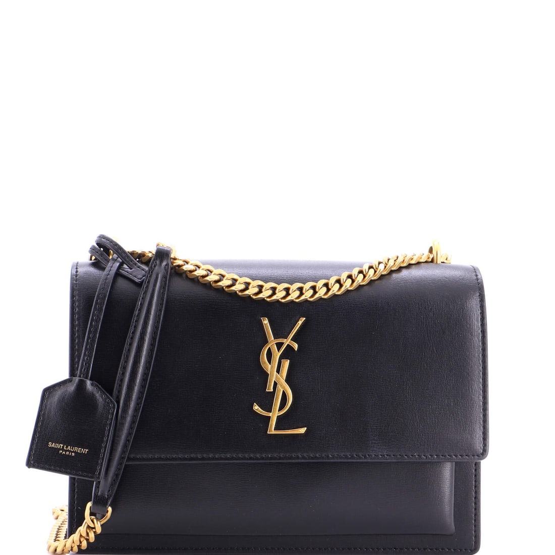 Laurent Saint Medium Leather Crossbody Sunset Bag: Laurent Saint Medium Leather Crossbody Sunset Bag Black leather crossbody bag with gold hardware, featuring a medium size and suede interior. The Sunset Crossbody Bag boasts a classic design with mino