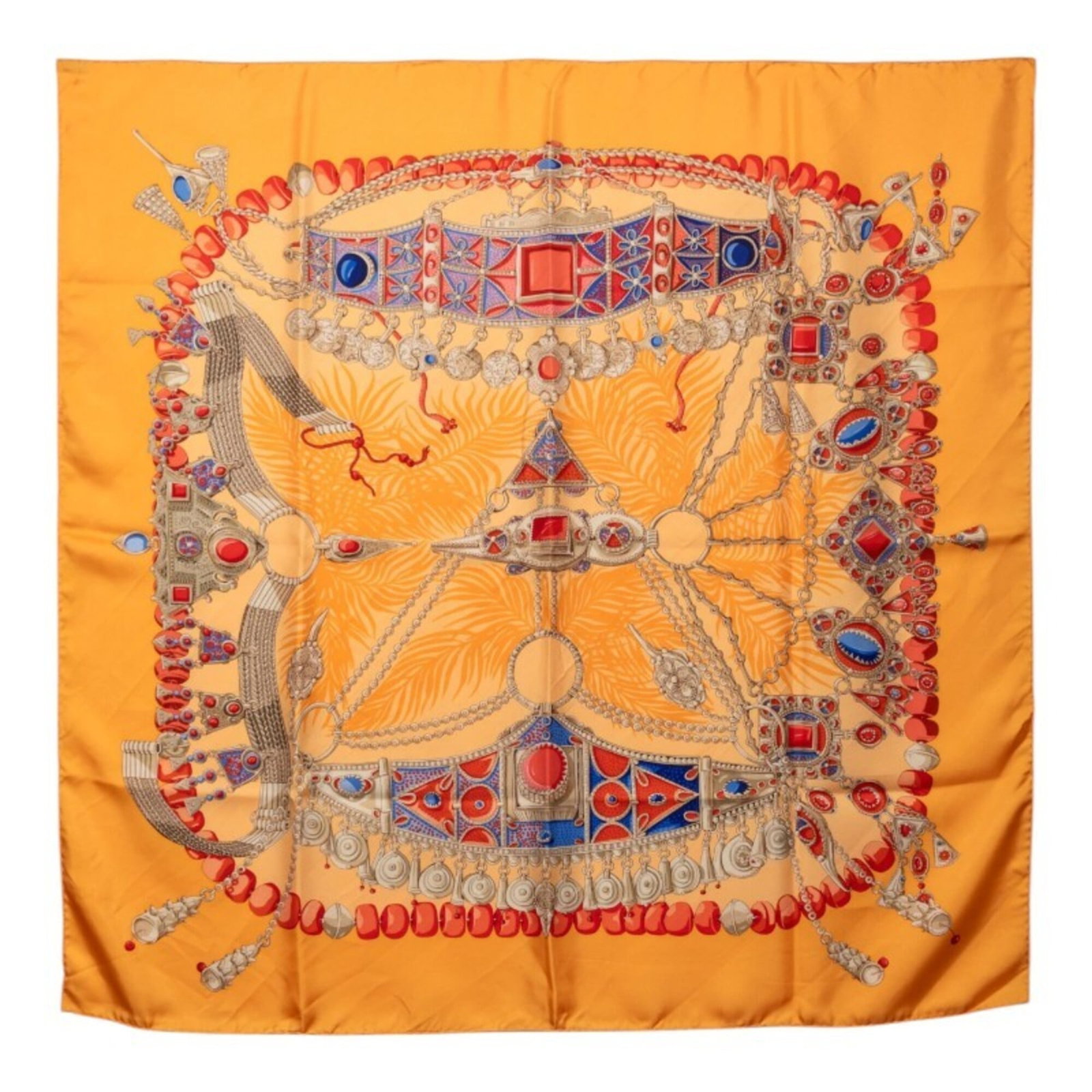 Hermes Silk Scarf: Hermes Silk Scarf The Hermes Silk Scarf boasts vibrant multi-color hues, including orange, set against a rich silk backdrop. Measuring 86cm x 88cm, its unique dimensions make it a statement piece for 