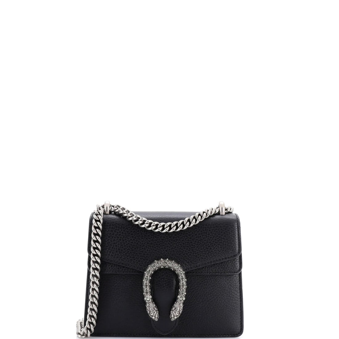 Mini leather bag Dionysus Gucci: Mini leather bag Dionysus Gucci Mini Dionysus Gucci leather bag in black exterior with neutral interior, featuring aged silver hardware and minor scuffs on the exterior and interior. The bag measures 