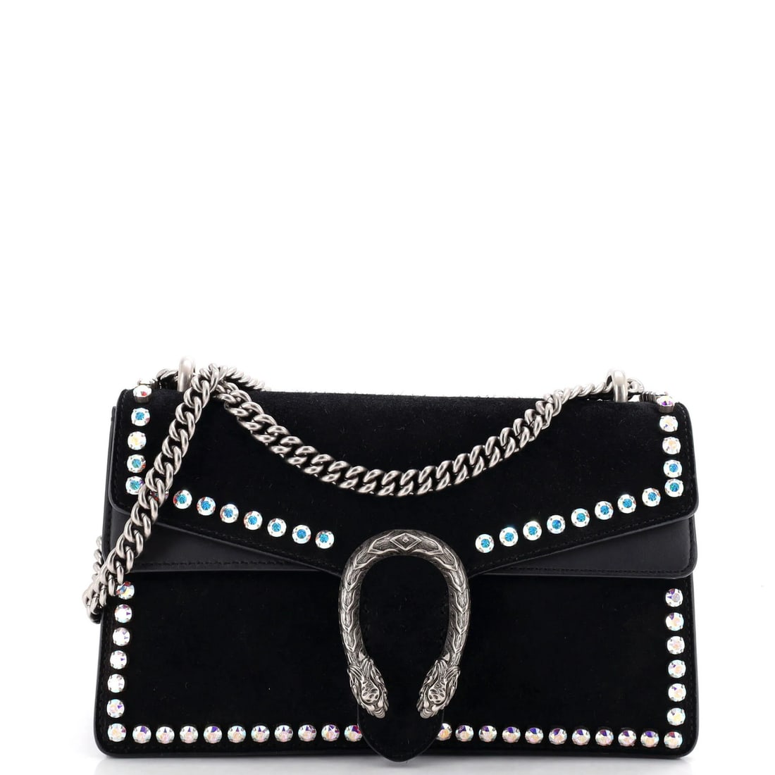 Crystal Embellished Gucci Suede Small Dionysus Bag: Crystal Embellished Gucci Suede Small Dionysus Bag Crystal Embellished Gucci Suede Small Dionysus Bag features a striking black exterior with rhinestone suede accents, adding an extra touch of glamour