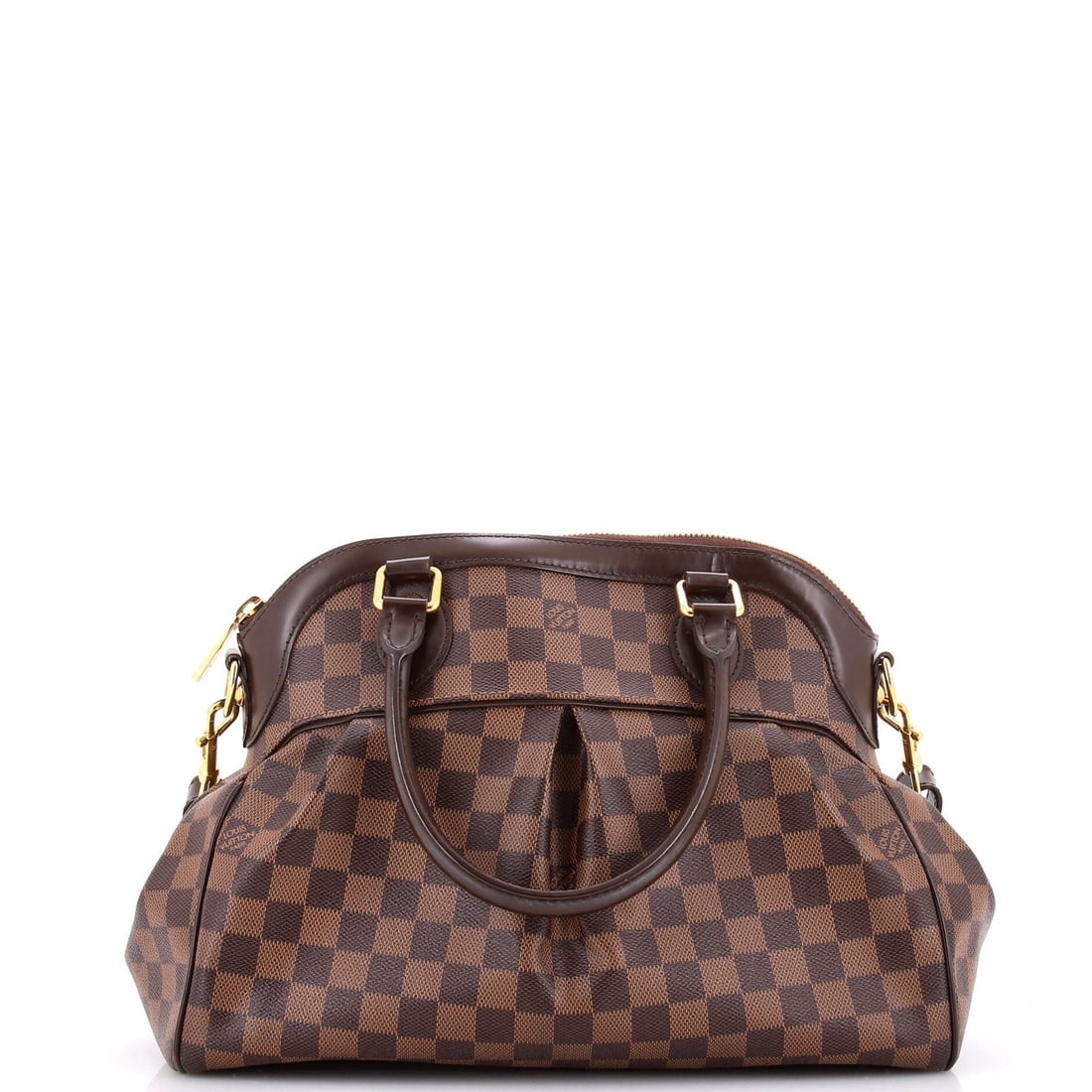 Damier PM Handbag Trevi Vuitton Louis: Damier PM Handbag Trevi Vuitton Louis Brown Damier PM Handbag with Gold Hardware, featuring a canvas coated exterior and microfiber interior in red. This Louis Vuitton Trevi handbag measures 10" high,