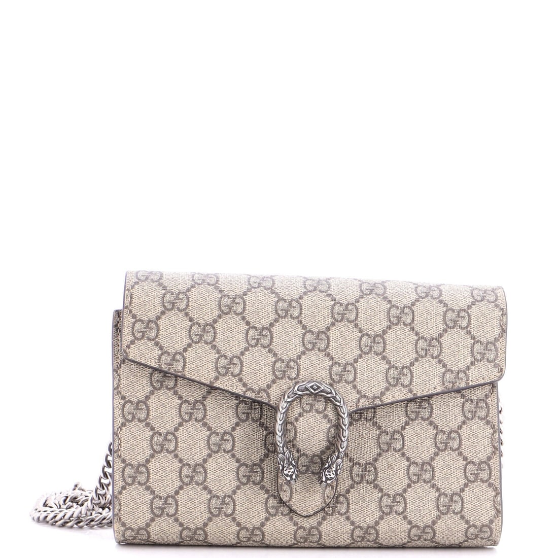 Small chain wallet coated canvas GG Gucci Dionysus: Small chain wallet coated canvas GG Gucci Dionysus Small chain wallet coated canvas GG Gucci Dionysus. This stylish cross body bag features a brown canvas exterior with minor creases and corner wear, 